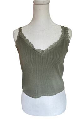 American Eagle Cropped V-Neck Lace Army Green Tank Top Size L